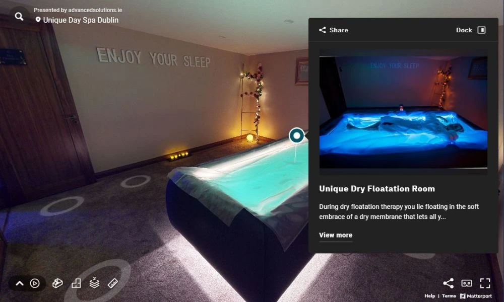 Virtual tour of Unique Day Spa's dry floatation room, showcasing its relaxing ambiance and cutting-edge therapy setup.