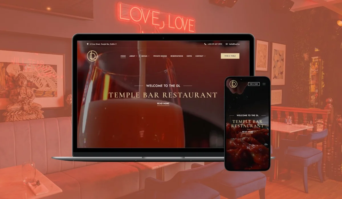 Laptop and phone showing The DL Restaurant's new website design.