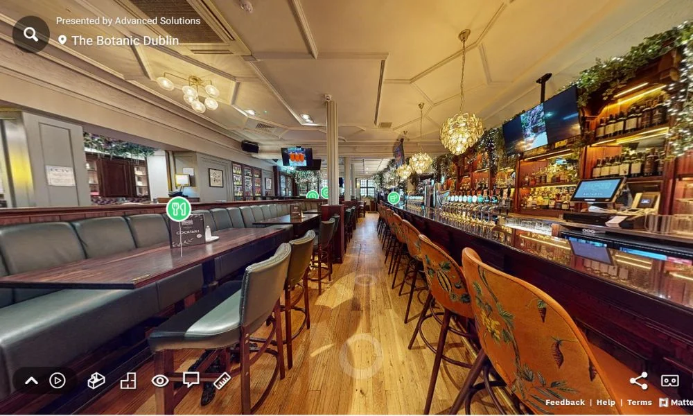 3D Virtual Tour of The Botanic Dublin showcasing the elegant bar area, seating, and vibrant atmosphere.