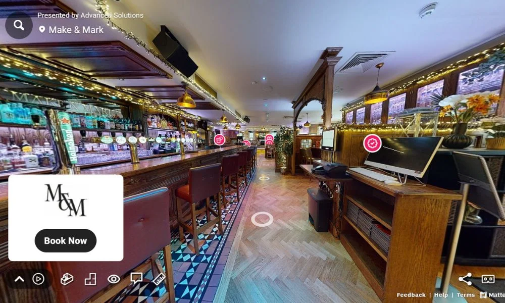 3D Virtual Tour of Make & Mark showcasing the stylish bar interior, detailed decor, and inviting ambiance.