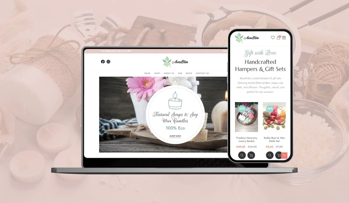 AuraBliss desktop and mobile view showcasing natural soaps, soy wax candles, and handcrafted hampers for gifts.