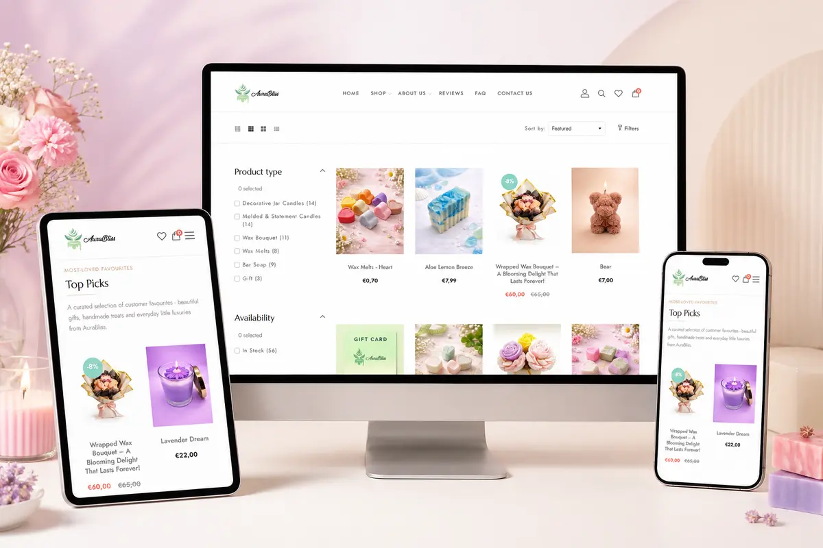 Shopify ecommerce website designed for Aura Bliss handmade candles and gifts