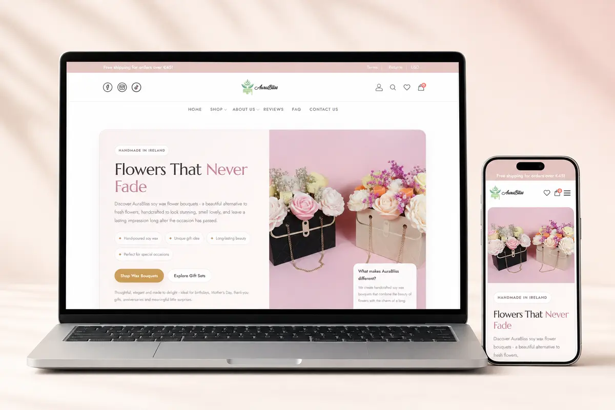 Aura Bliss Shopify ecommerce website shown on laptop and mobile