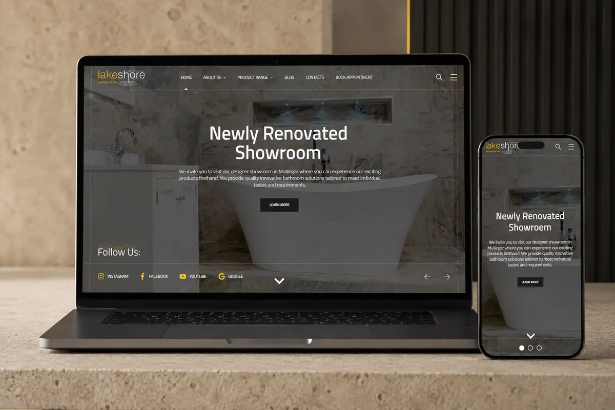 Lakeshore Bathrooms website shown on desktop and mobile devices