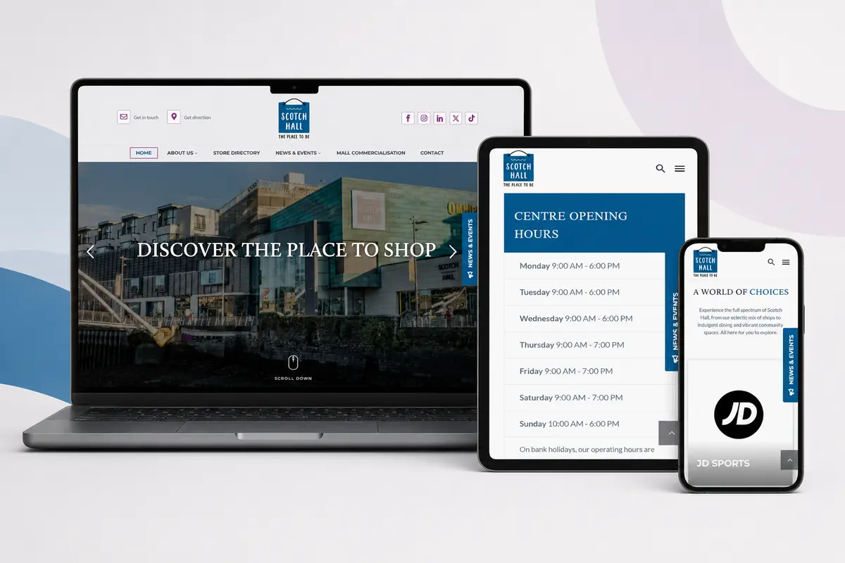 Scotch Hall Shopping Centre responsive website shown across multiple devices