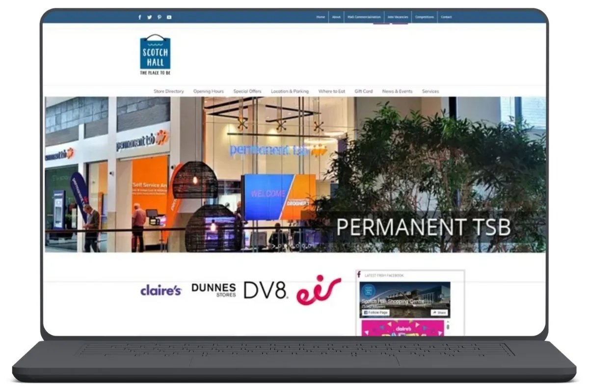 Scotch Hall shopping centre older homepage shown on a laptop mockup