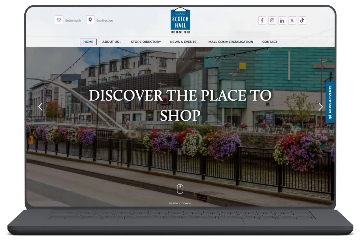 Scotch Hall shopping centre modern homepage shown on a laptop mockup