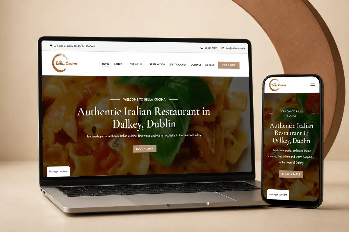 Bella Cucina local SEO project showing the restaurant website on desktop and mobile devices