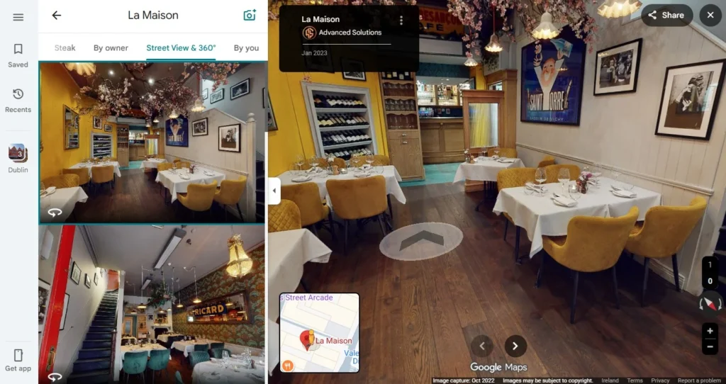 Google Business Profile virtual tour of La Maison restaurant in Dublin displayed through Google Street View and 360 degree navigation
