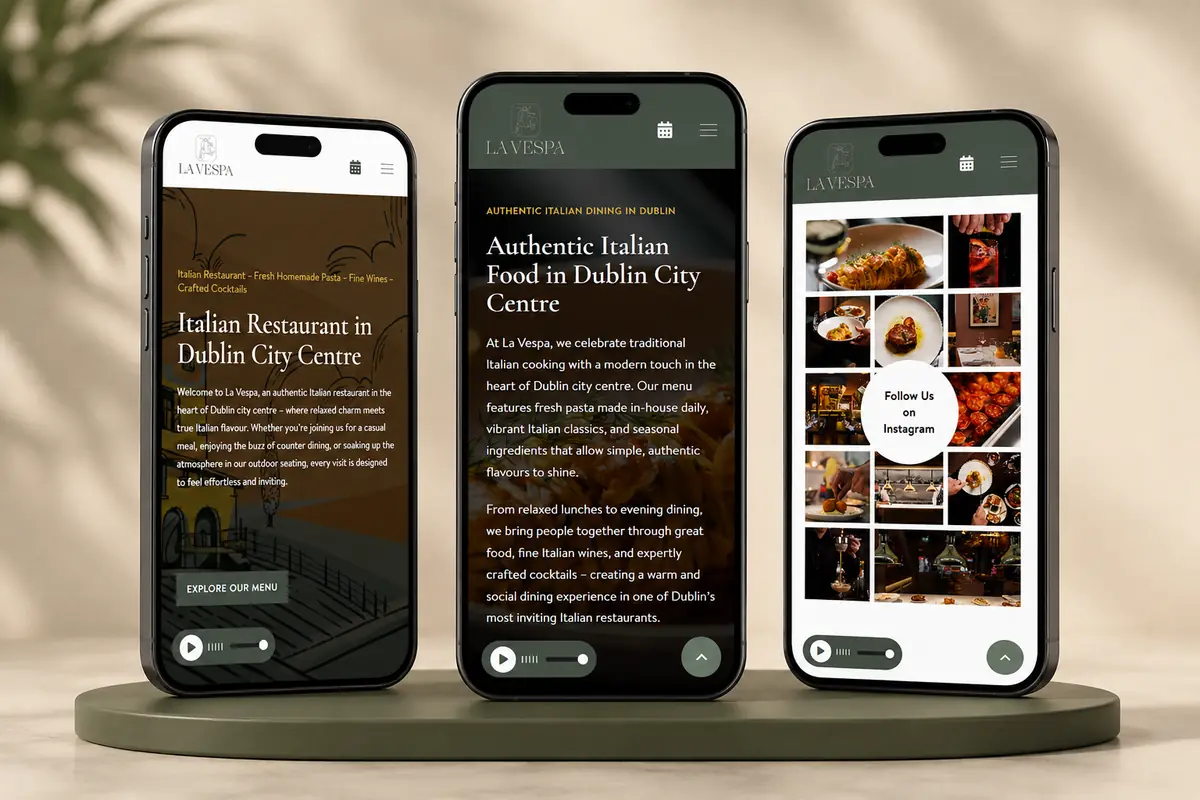 La Vespa restaurant website shown across three mobile phone mockups by Advanced Solutions