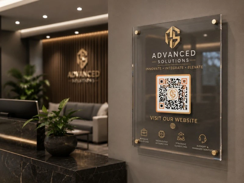 Premium office wall signage with branded QR code for Advanced Solutions business and website access