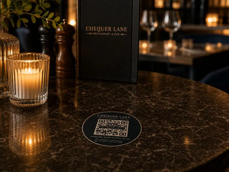 Branded QR code table sticker created for Chequer Lane restaurant