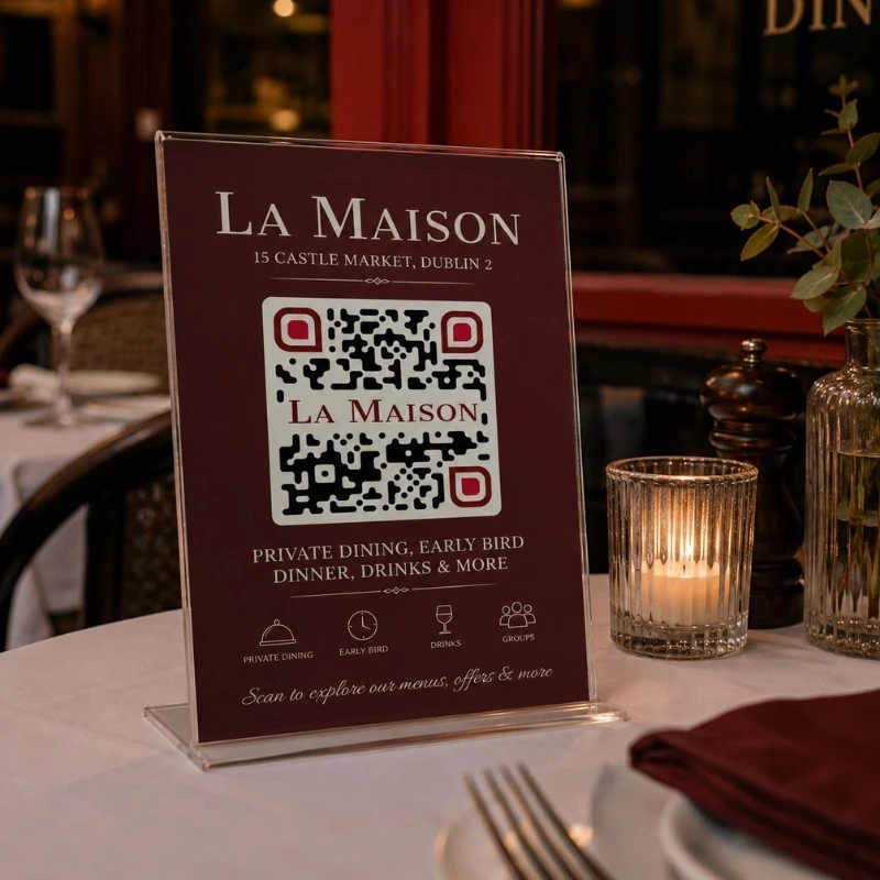 Restaurant table QR code display promoting menus offers and dining experiences at La Maison Dublin