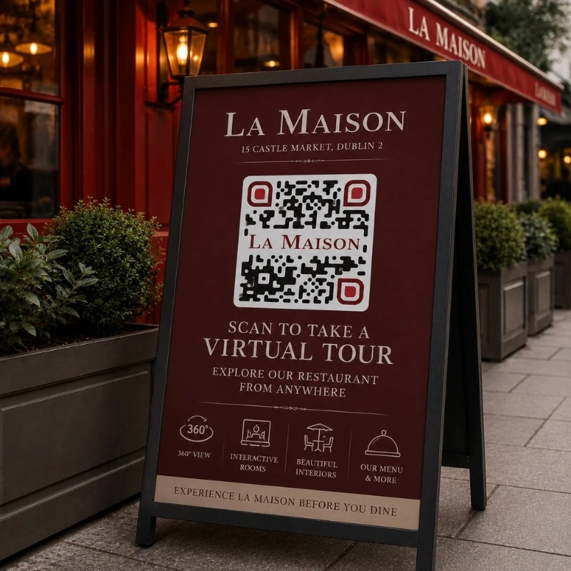 Outdoor branded QR code sign for La Maison restaurant promoting a virtual tour experience in Dublin