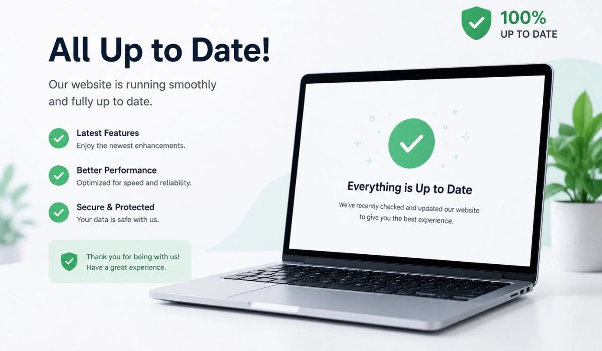 Website status graphic showing a fully up to date website with secure protected and performance indicators