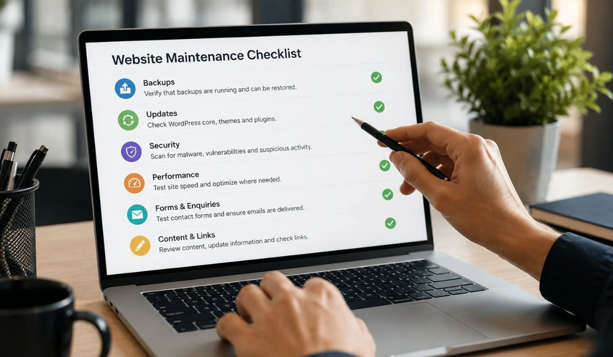 Website maintenance checklist with backups updates security monitoring speed checks and content support