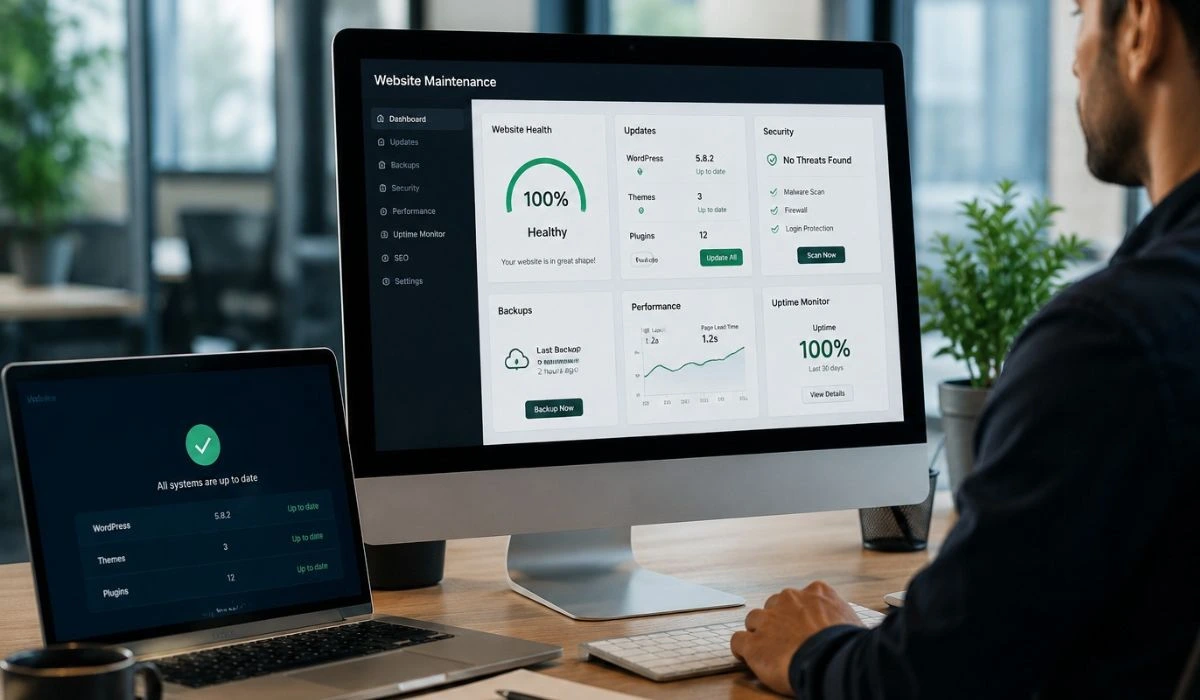 Website maintenance dashboard showing updates security checks backups and performance monitoring