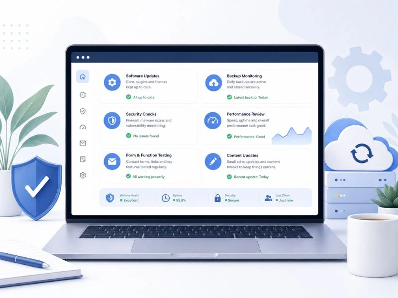 Website maintenance services dashboard showing updates backups security checks performance reviews form testing and content updates