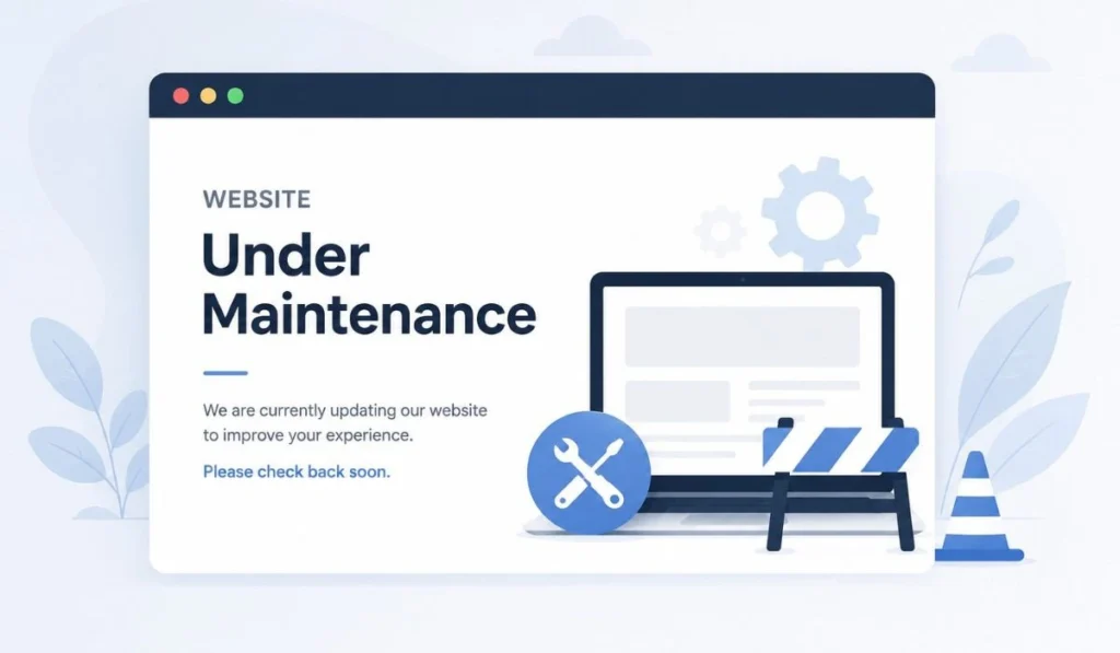 Website under maintenance illustration with laptop tools and update notice for website maintenance services