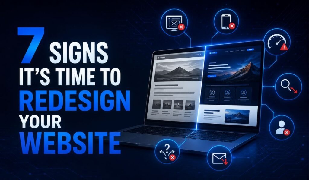Website redesign concept on a laptop showing old and modern page layouts with warning icons