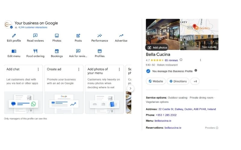 Bella Cucina restaurant listing after photo improvements showing updated interior and exterior images