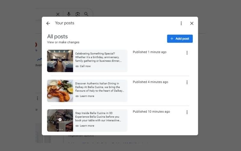 After optimisation screenshot showing Bella Cucina posts for dining events and virtual tour promotion