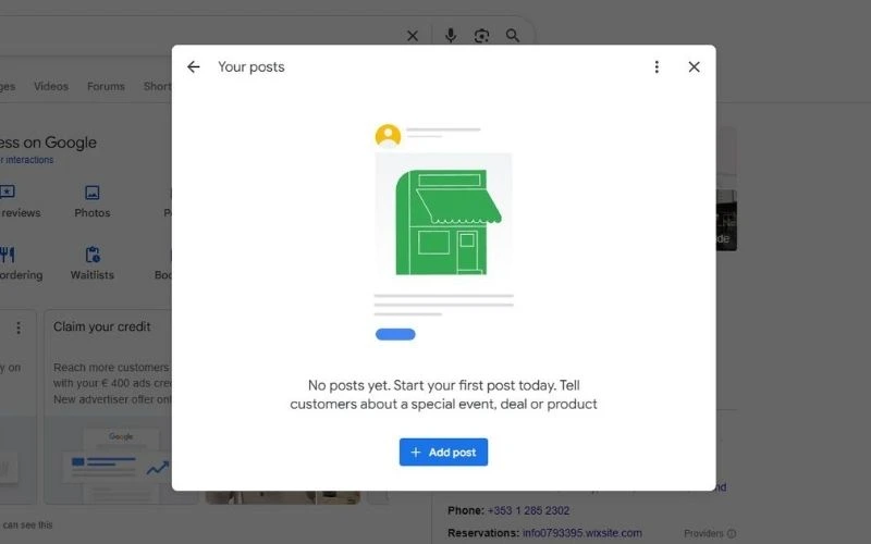 Before optimisation screenshot showing Bella Cucina with no Google posts published