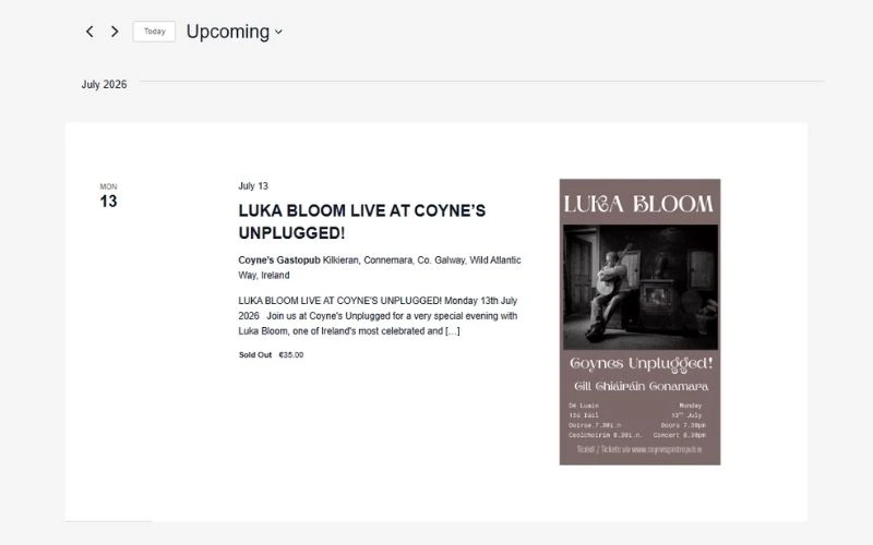 Coyne’s Gastropub event ticketing system showing an upcoming Luka Bloom live event with tickets sold directly through the website