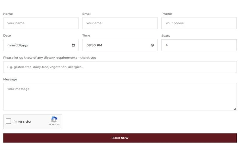 Coyne’s Gastropub restaurant booking system showing an online reservation form with date, time, seats and customer details