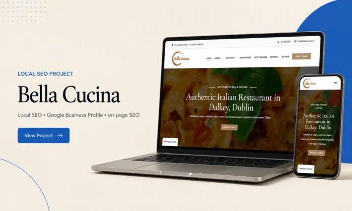 Bella Cucina local SEO project showing the restaurant website on desktop and mobile devices