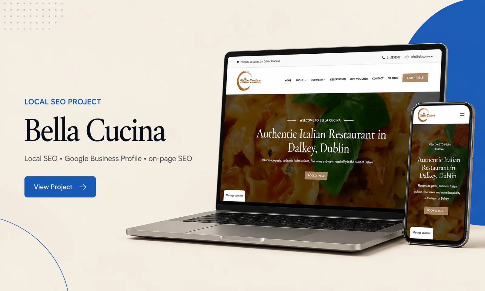 Bella Cucina local SEO project showing the restaurant website on desktop and mobile devices
