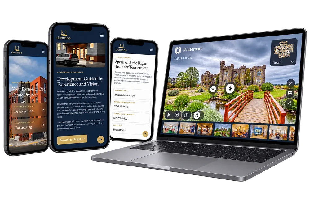 Dunmoe responsive website project shown on mobile devices beside a Killua Castle Matterport 3D virtual tour on laptop