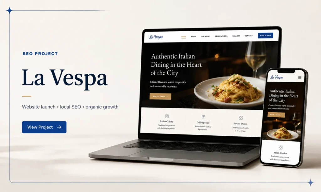 La Vespa restaurant SEO project showing the website on desktop and mobile devices