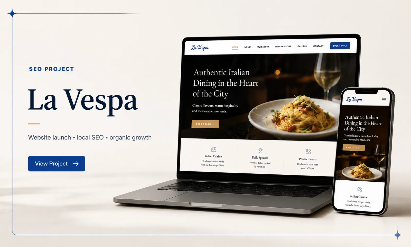 La Vespa restaurant SEO project showing the website on desktop and mobile devices