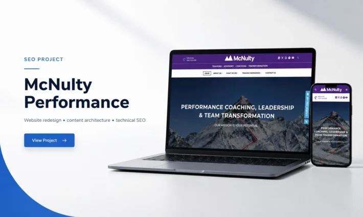 McNulty Performance SEO project showing the redesigned website on desktop and mobile devices