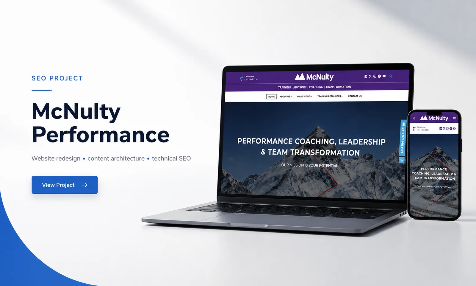McNulty Performance SEO project showing the redesigned website on desktop and mobile devices