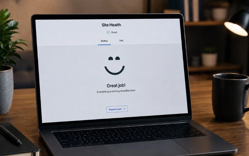Laptop displaying a Good status in WordPress Site Health