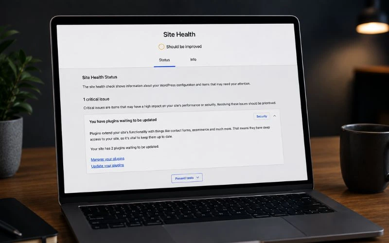Laptop displaying WordPress Site Health issues requiring attention